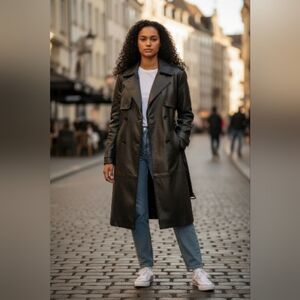 Women's Belted Faux-Leather Trench Coat